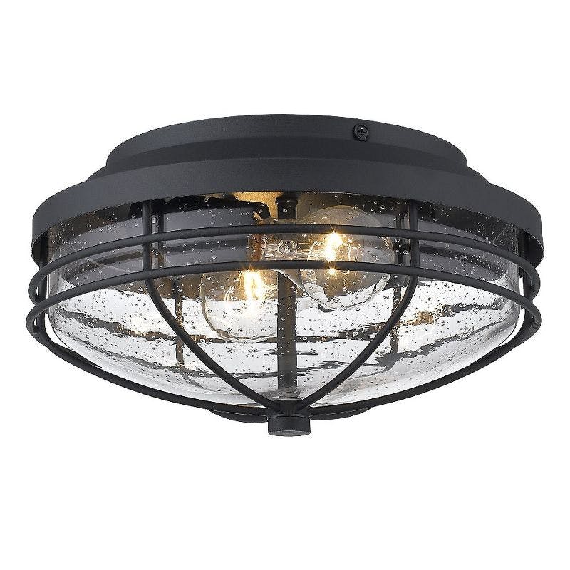 Seaport Transitional 12" Black Outdoor Flush Mount with Seeded Glass