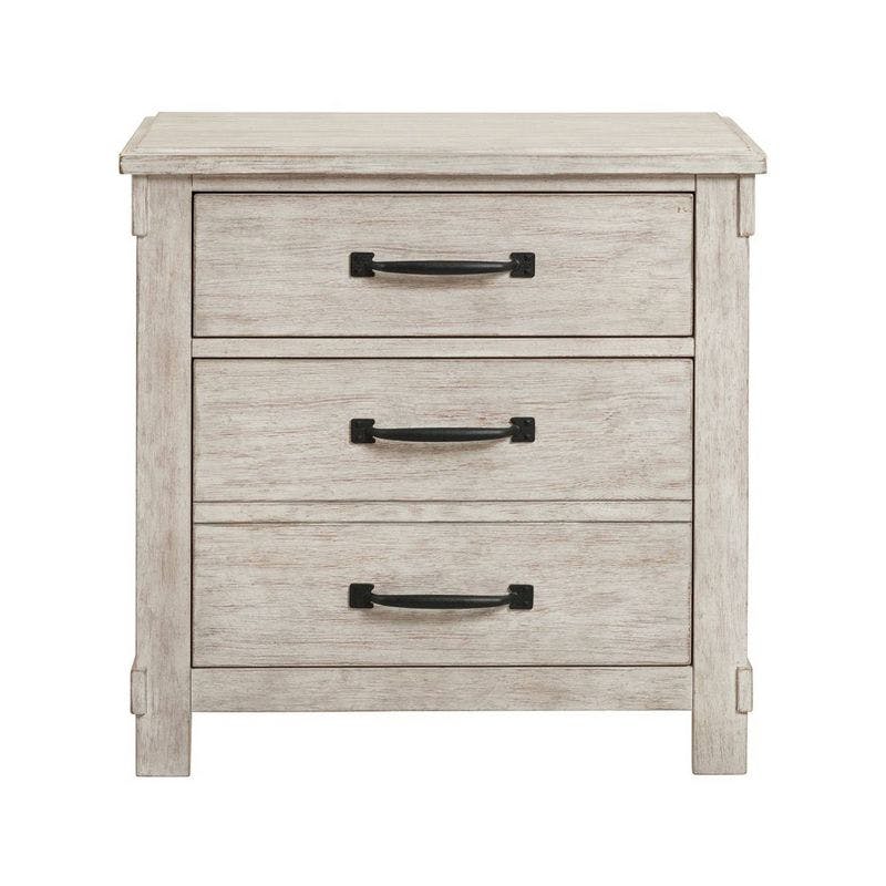 Rustic Off-White 3-Drawer Nightstand with USB Ports