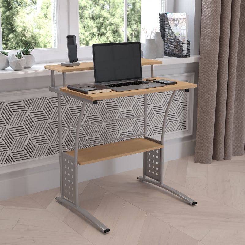 Clifton 28" Maple and Silver Compact Computer Desk with Storage Shelves
