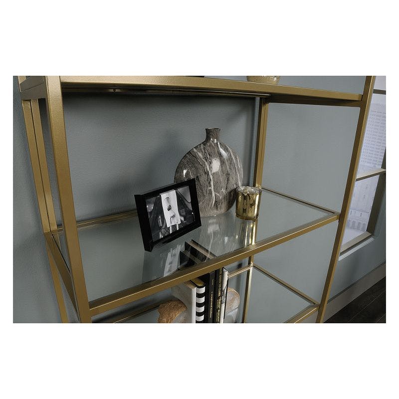 Satin Gold Regency-Inspired Metal and Glass 5-Tier Bookcase