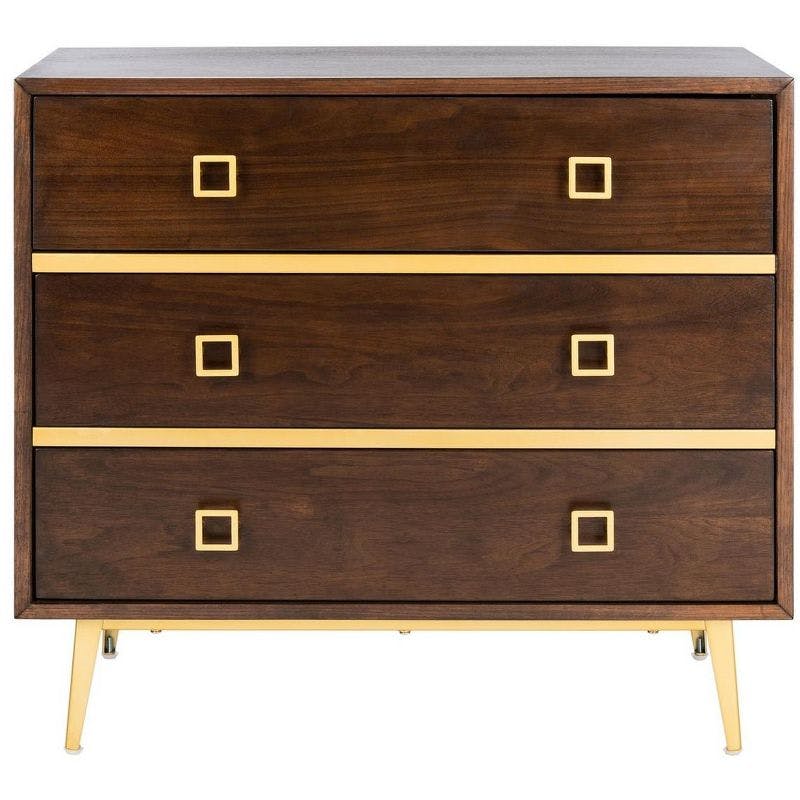 Katia Transitional Walnut 3-Drawer Chest with Gold Accents