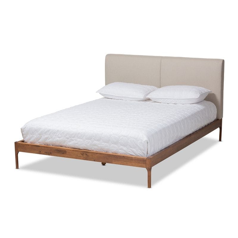 Mid-Century Modern Beige Upholstered Queen Bed with Oak Frame