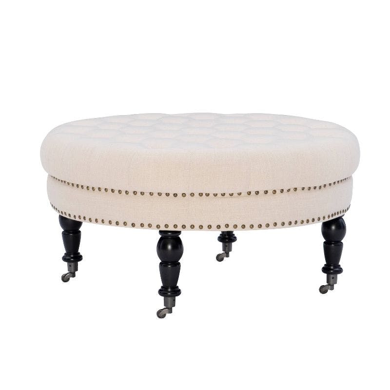 Isabelle Natural Linen Round Tufted Ottoman with Espresso Legs