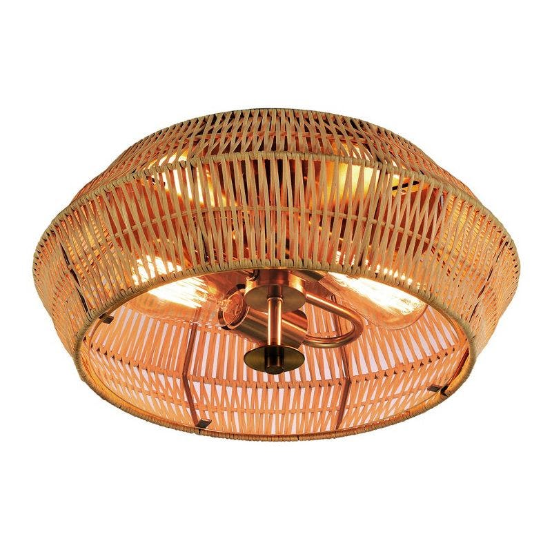Vintage Brass and Natural Rattan Geometric Cage Flush Mount Light