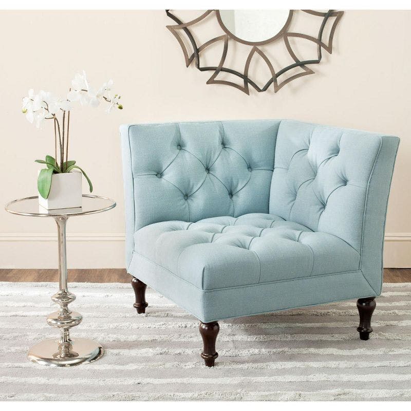 Sky Blue Transitional Tufted Corner Chair with Birch Legs