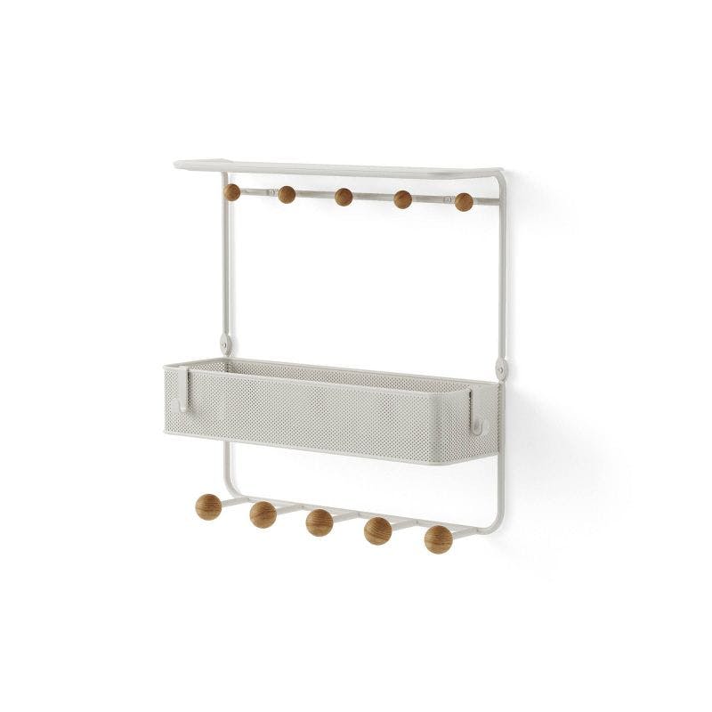 Estique White/Natural 10-Hook Wall Shelf with Perforated Metal Basket