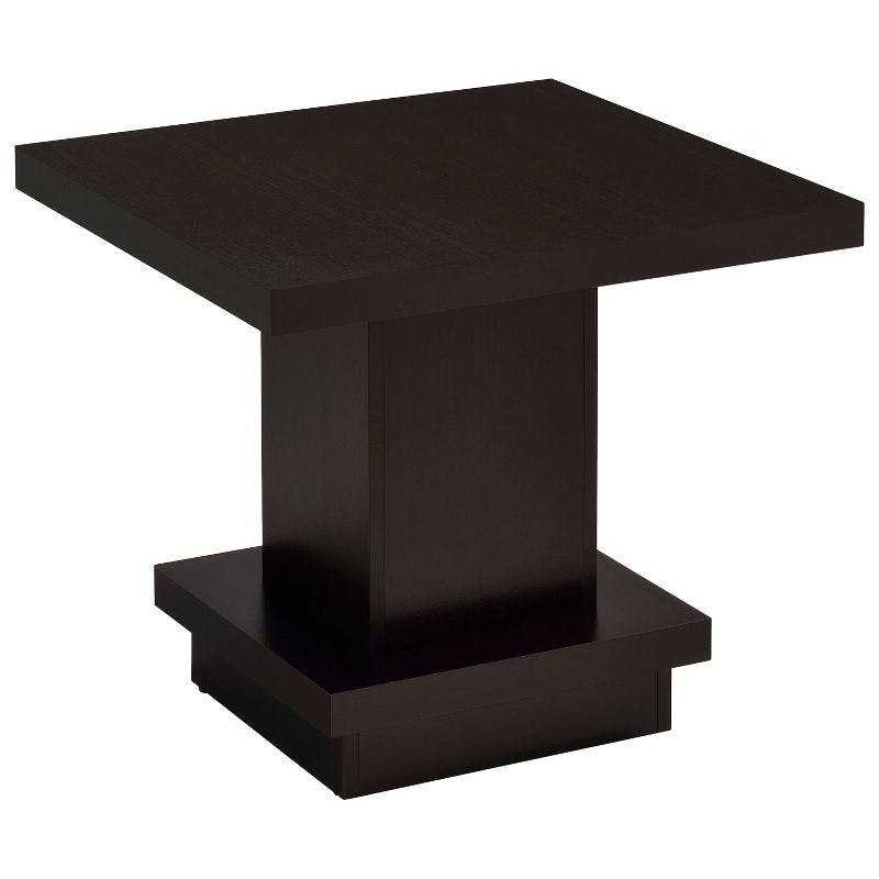 Transitional Cappuccino Square Wood End Table with Pedestal Base