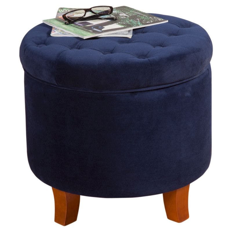 Navy Velvet Round Tufted Ottoman with Rustic Wood Legs