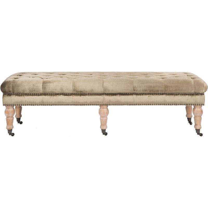 Transitional Tufted Antique Sage Bench with Brass Nail Heads and Oak Legs