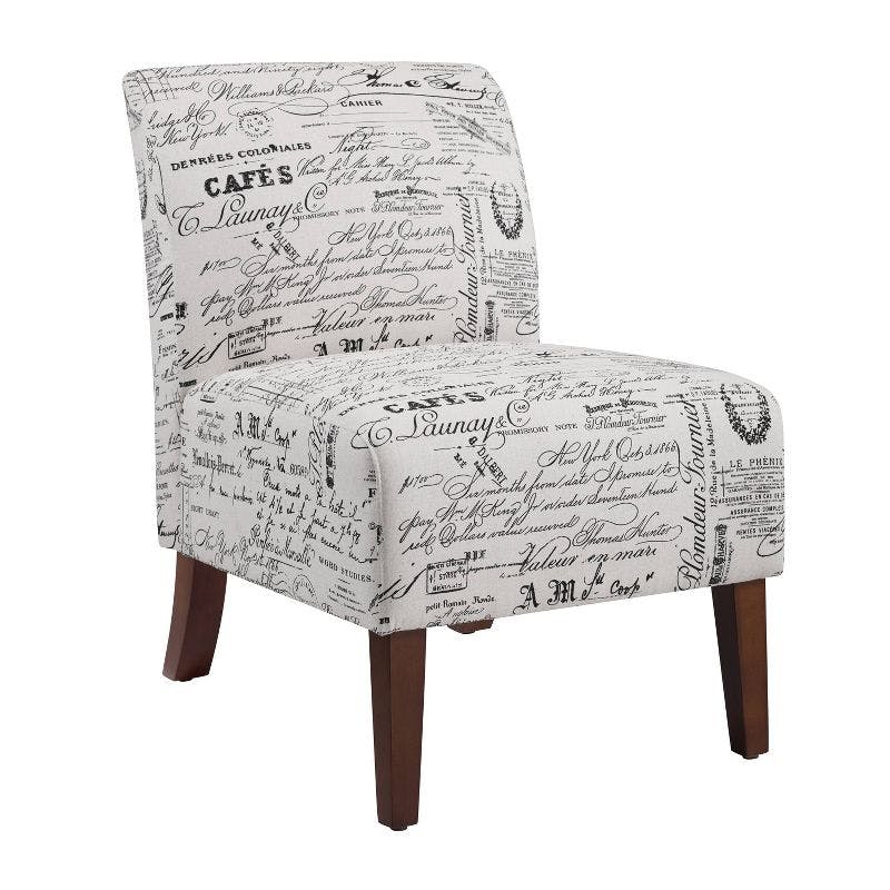 Beige Script Print Slipper Chair with Dark Walnut Wood Legs