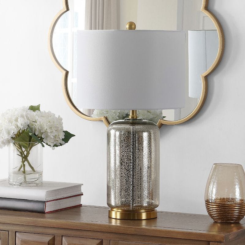 Elegant Silver Glass 18" Table Lamp with White Drum Shade
