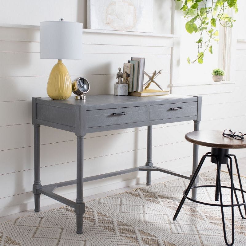Elegant Whitewashed Grey Writing Desk with Carved Details