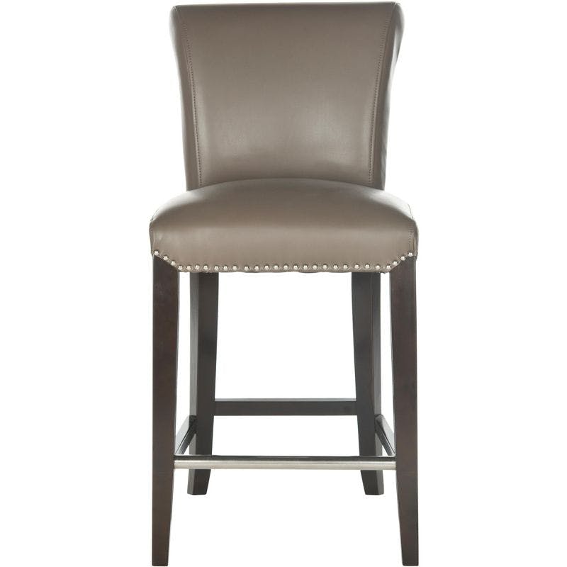 Transitional Clay Gray Leather and Wood Counter Stool