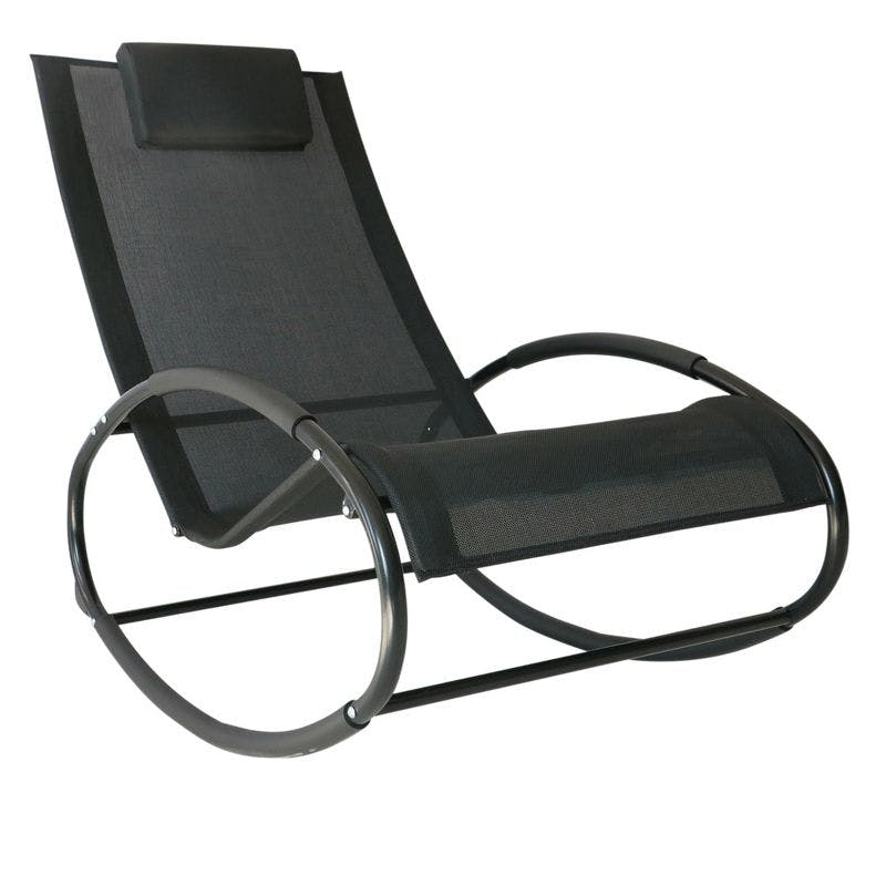 Serenity Black Steel Outdoor Rocking Lounger with Breathable Mesh and Pillow