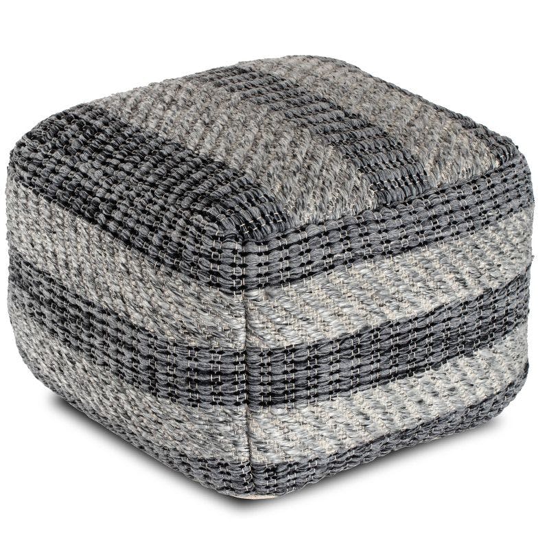 Handwoven Striped Gray Pouf Ottoman with Eco-Friendly Bead Fill