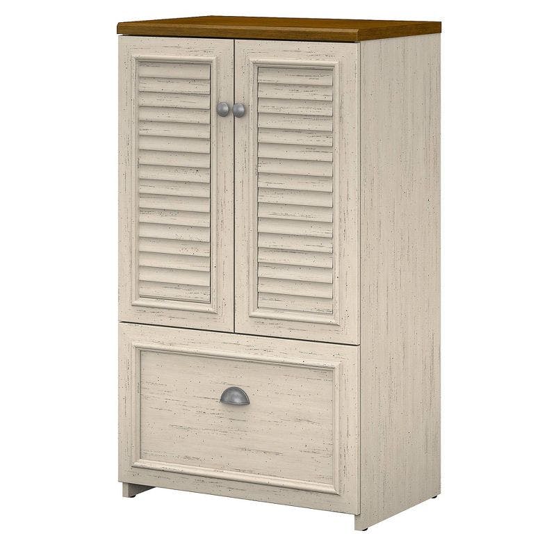 Fairview Modern Farmhouse Antique White Storage Cabinet with Tea Maple Accents