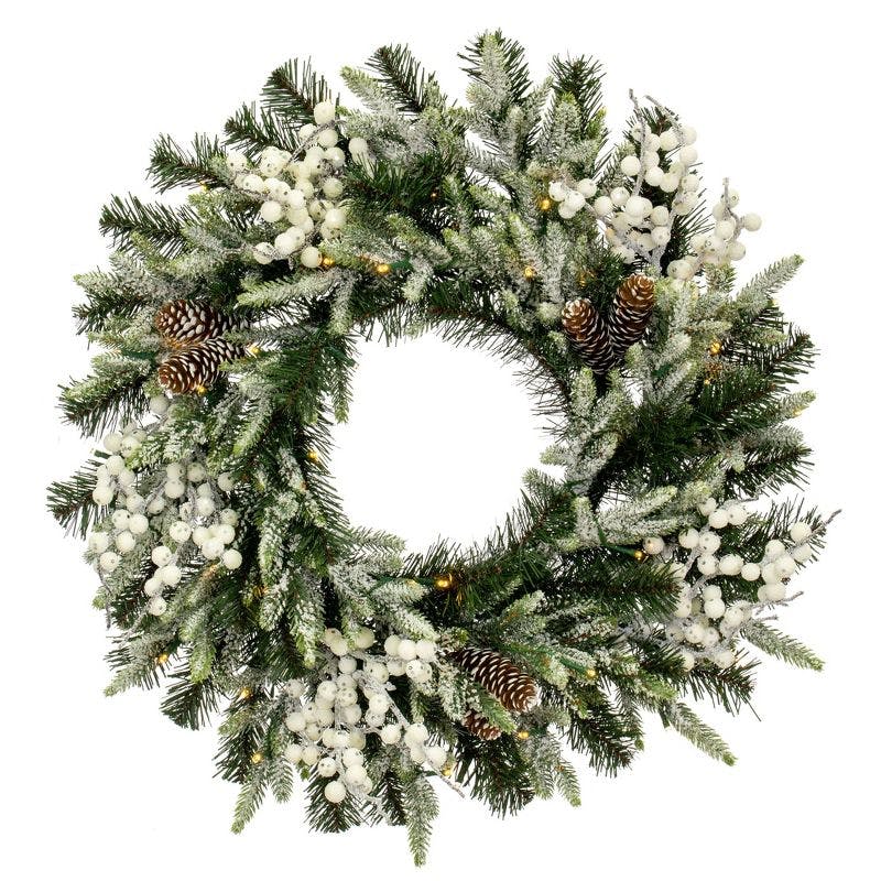 Frosted Pine Cone 29" Pre-Lit Outdoor Wreath with Warm White LED Lights