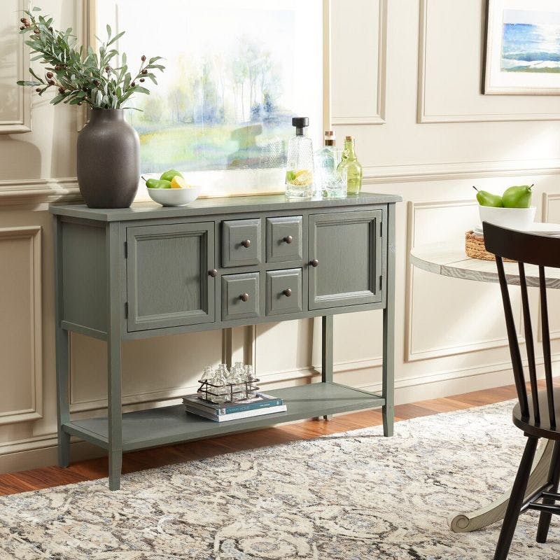 Transitional French Grey Sideboard with Open Shelf and Petite Drawers