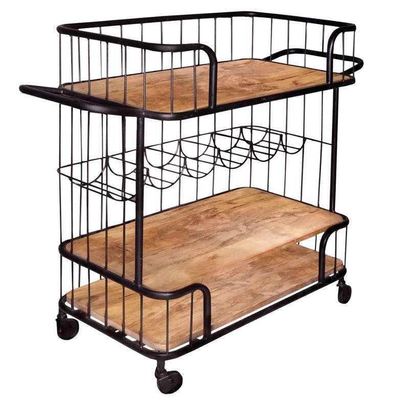 Industrial Black and Brown Bar Cart with Wine Rack and Storage