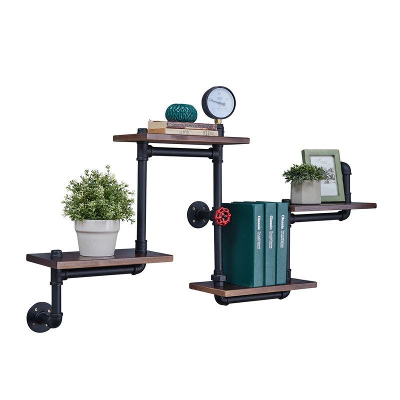 Industrial Chic 26" Black Iron and Wood Wall Shelving Unit