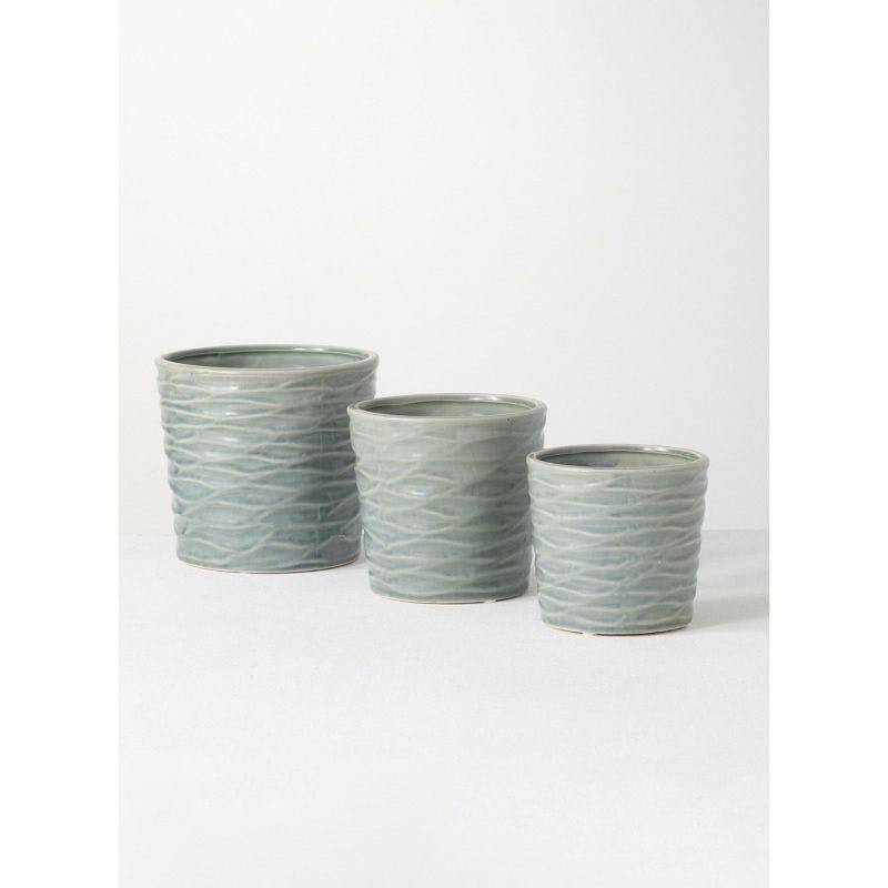 Trio of Textured Blue Ceramic Indoor/Outdoor Planter Vases