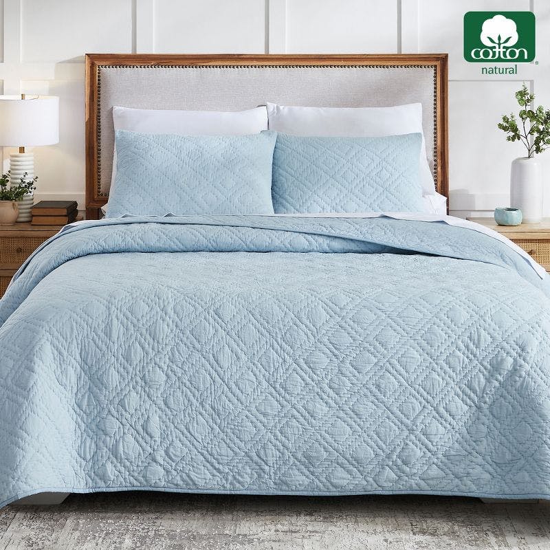 Luxurious Hand-Quilted Cotton Full/Queen Quilt Set in Serene Blue
