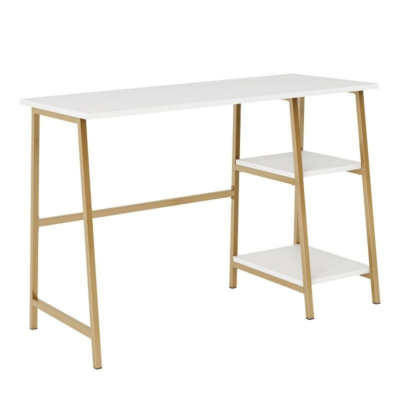 Modern White and Gold Desk with Open Shelves and Metal Frame