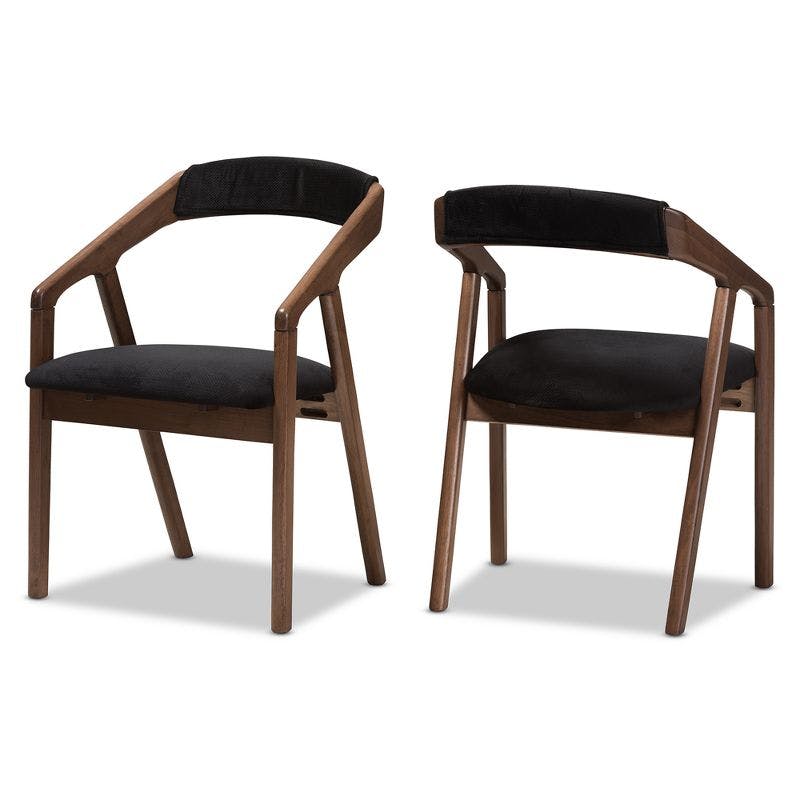 Elegant Mid-Century Modern Black Velvet and Walnut Wood Dining Chairs, Set of 2