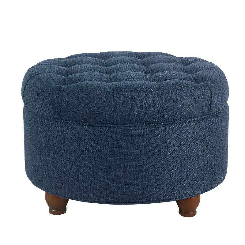 Navy Tufted Round Cocktail Ottoman with Storage