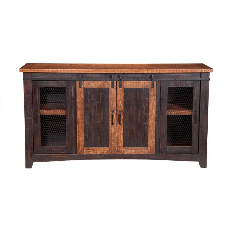 Rustic Antique Black and Distressed Pine 65" TV Stand with Sliding Barn Doors