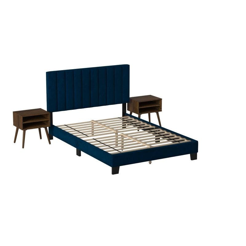 Navy Blue Contemporary Queen Platform Bed with Upholstered Headboard and Nightstands