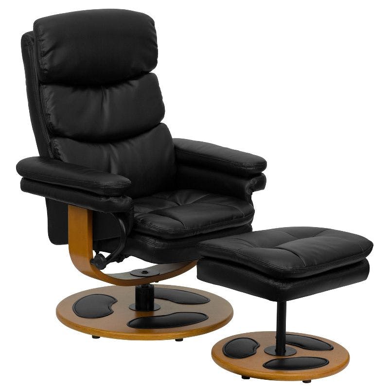 Luxurious Black Leather Swivel Recliner with Wood Base and Ottoman