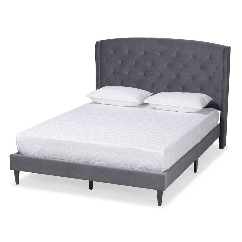 Elegant Gray Velvet Upholstered King Platform Bed with Wood Frame