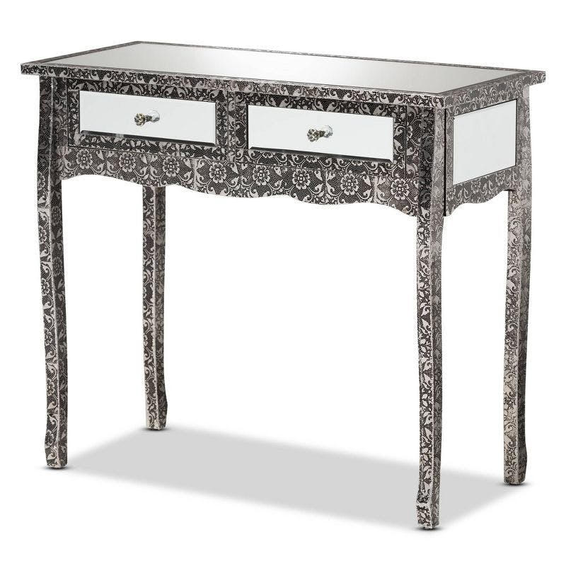 Elegant Silver Mirrored 2-Drawer Console Table with Floral Metal Trim