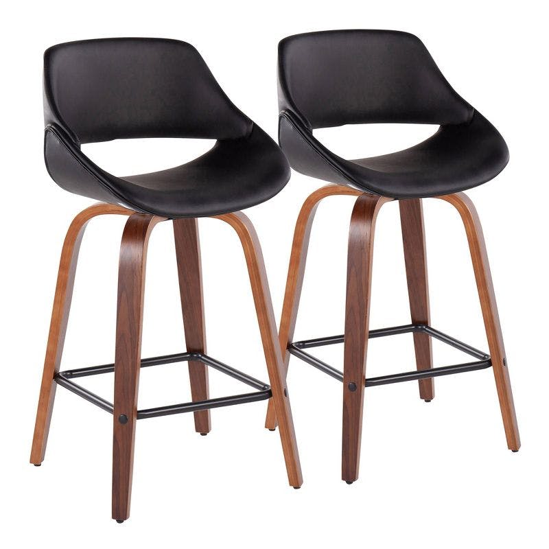 Flared Walnut Swivel Counter Stool with Black Upholstery, Set of 2