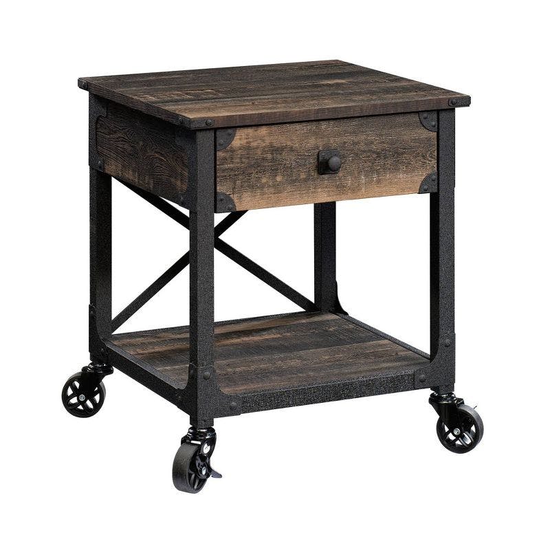 Rustic Carbon Oak Mobile Side Table with Storage Drawer
