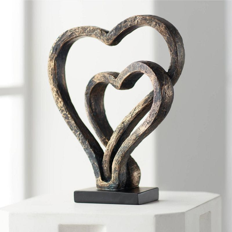 Aged Bronze Interlocking Hearts 12" Statue on Black Base
