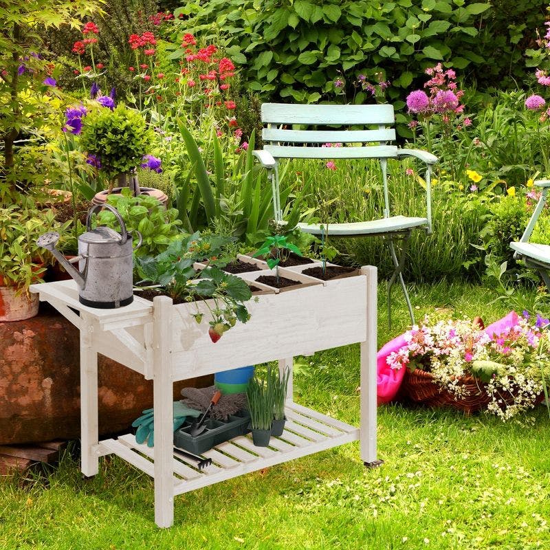 Elevated Natural Wood Garden Bed with Wheels and Storage Shelf
