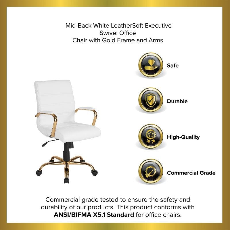 Luxurious Mid-Back White LeatherSoft Swivel Executive Chair with Gold Metal Frame