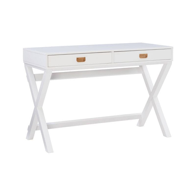 Elegant White Wood Campaign Desk with Rose Gold Accents and Drawers