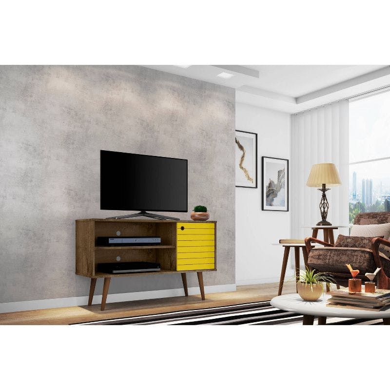 Rustic Brown and Yellow Mid-Century TV Stand with Cabinet