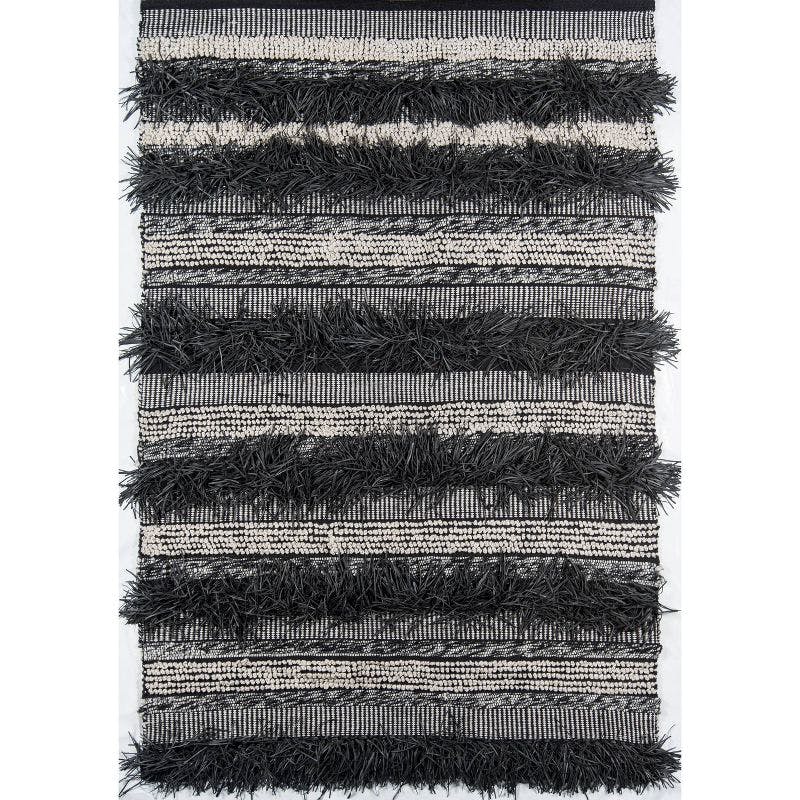 Modern Handwoven Stripe Shag Rug Black Synthetic 3'9" x 5'9"