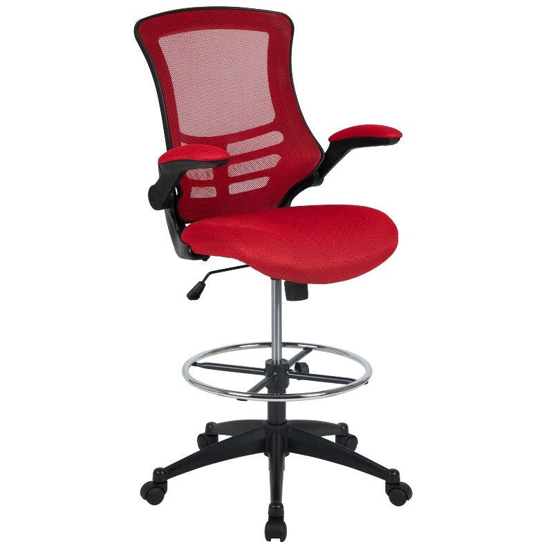 Adjustable Red Mesh Drafting Chair with Lumbar Support and Flip-Up Arms