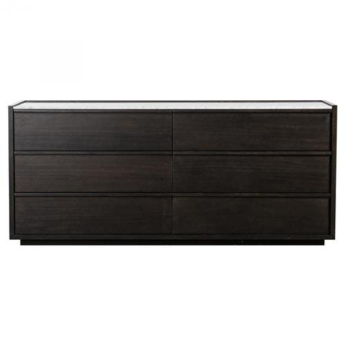 Ashcroft Double 6-Drawer Dark Grey Acacia Wood Dresser with Marble Top