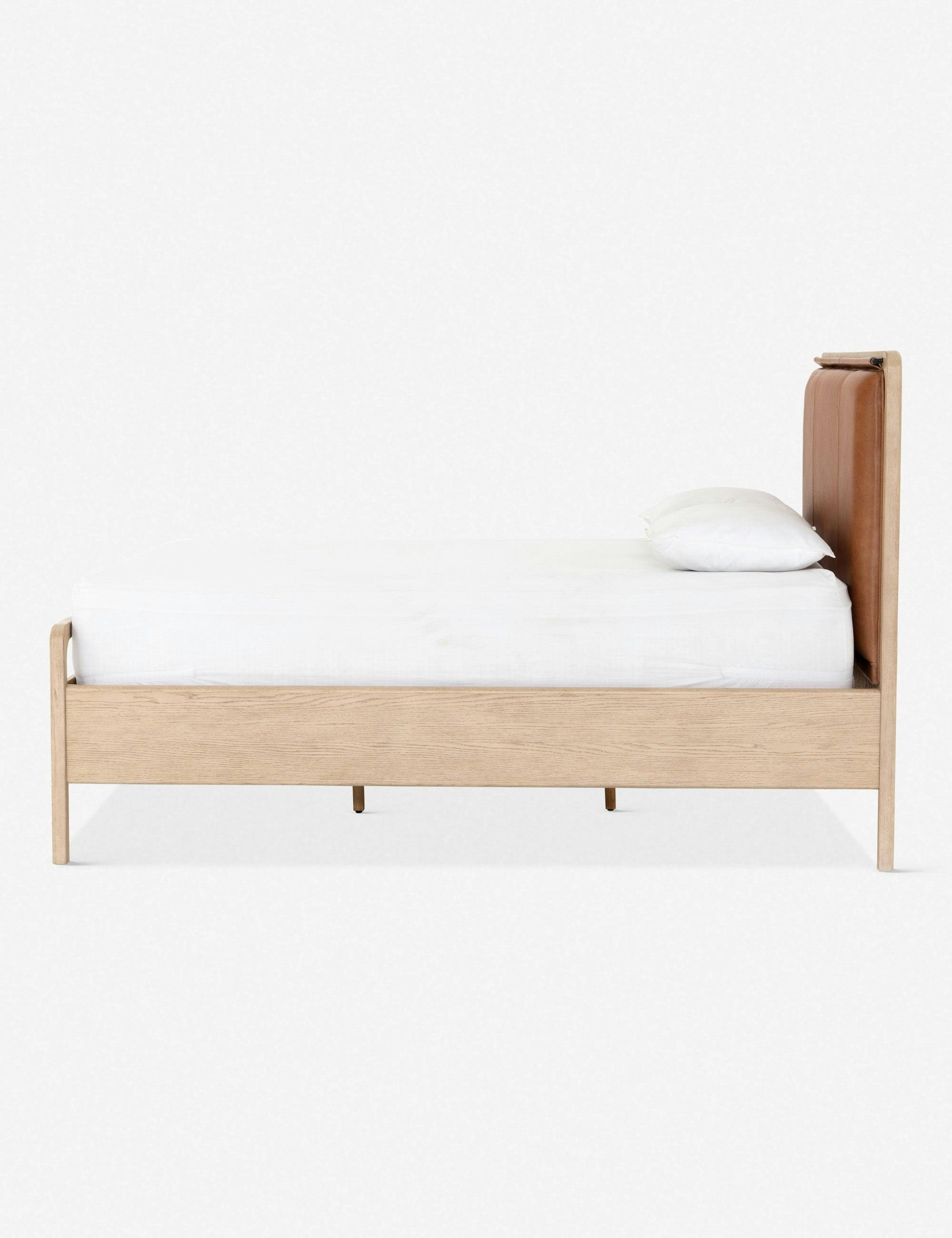 Modern Washed Oak King Bed with Tan Leather Headboard