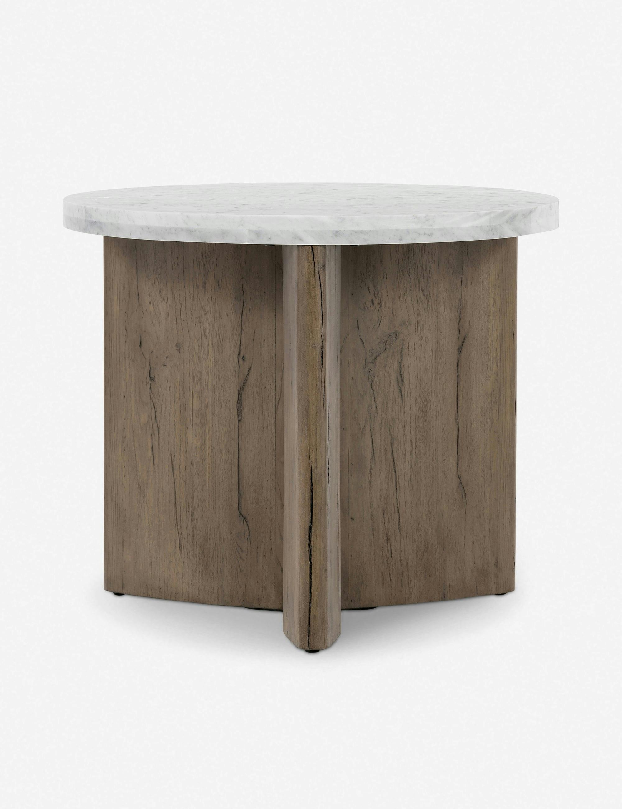 Contemporary Bianco Oak Round End Table with Italian Marble Top