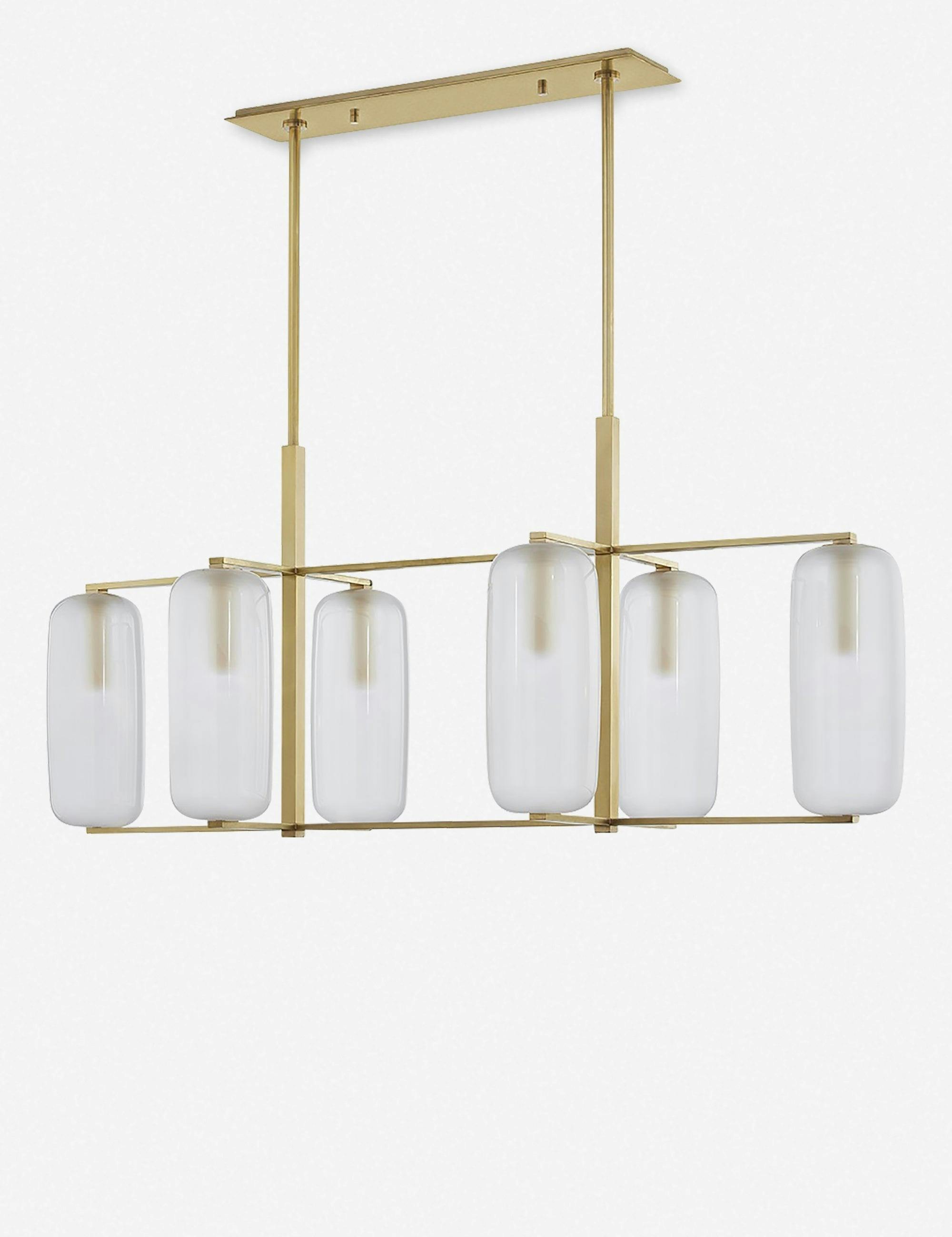 Aged Brass Capsule-Shaped 6-Light Chandelier with Etched Glass