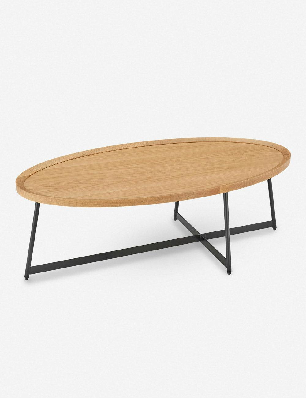 Gweneth Natural Wood Oval Coffee Table with Black Steel Base