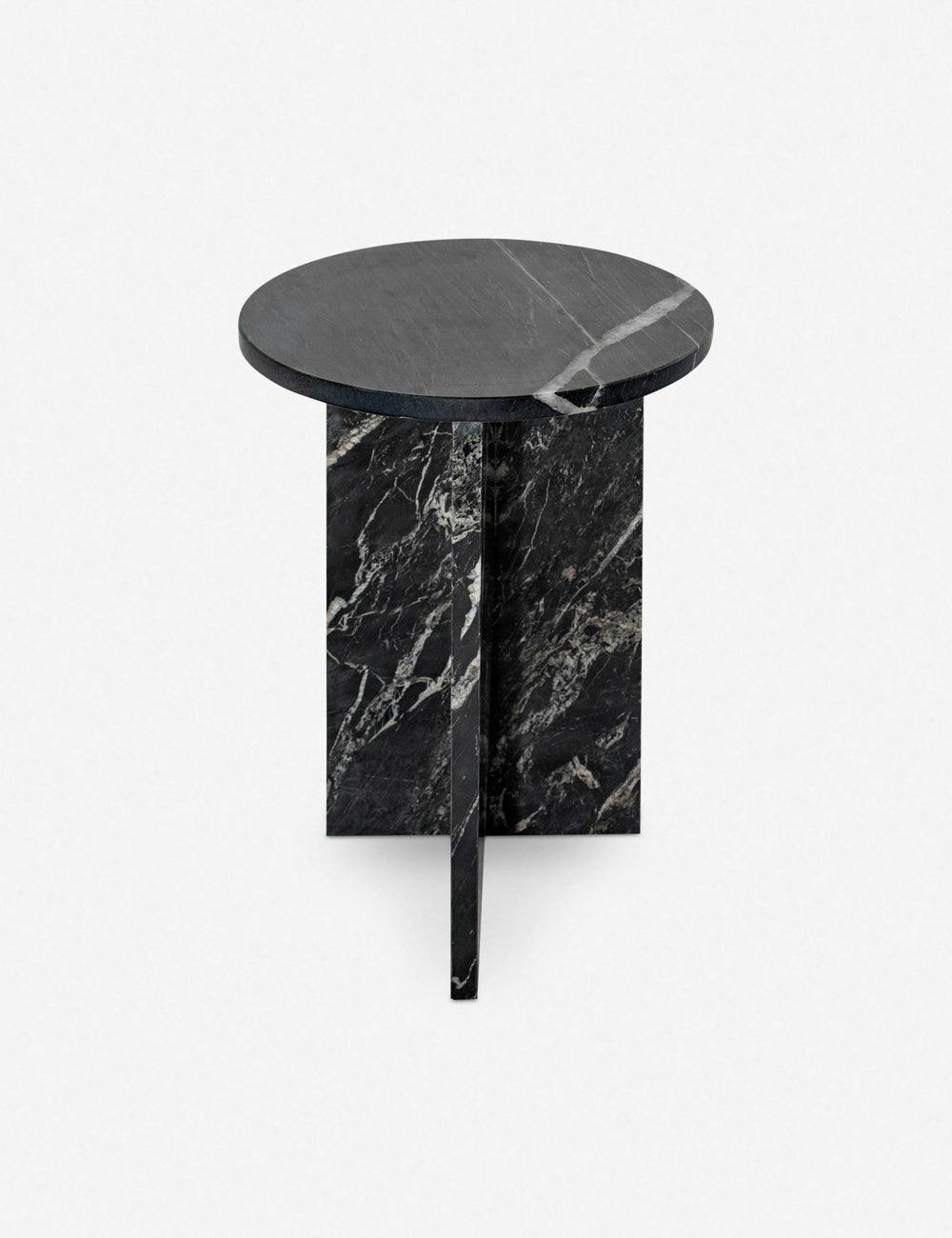 Biagio 14" Round Black Marble & Wood Side Table