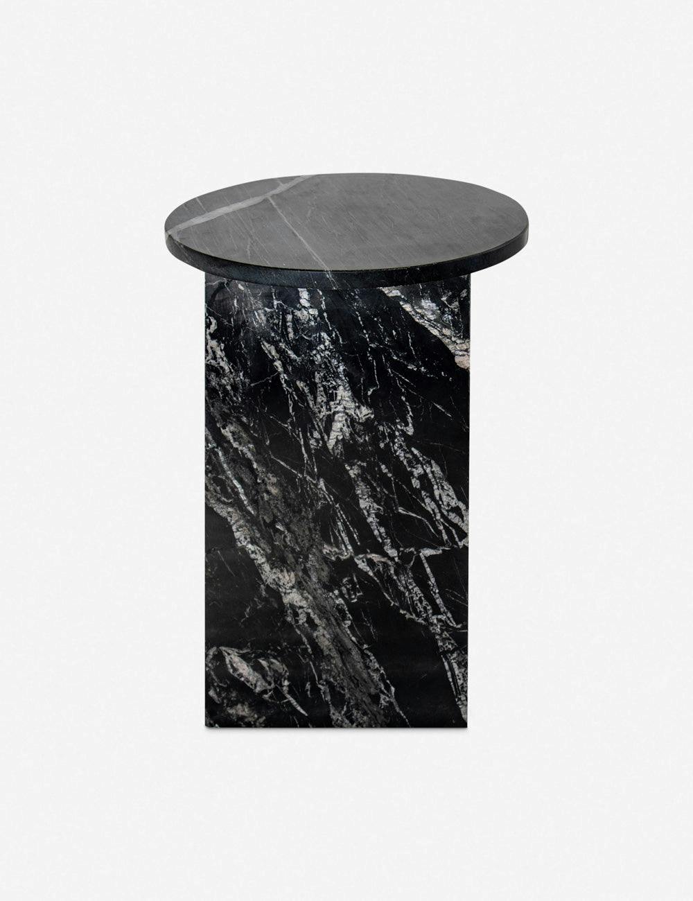 Biagio 14" Round Black Marble & Wood Side Table